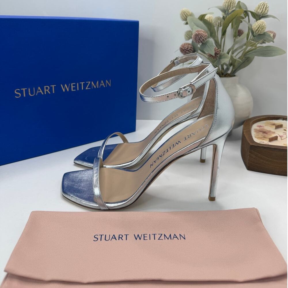 Stuart Weitzman Nudistcurve 100 Leather Sandal Silver Metallic Women 11B TriedOn